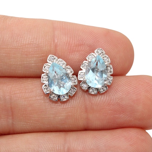 Estate Sky Blue Topaz Sterling Silver Teardrop Stud Earrings Cubic Zirconia Halo - Picture 3 of 4